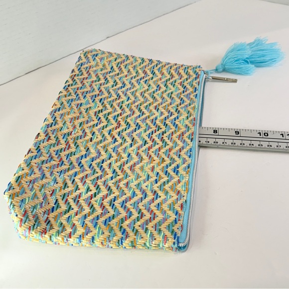 🆕 Lancome Luxe Woven Clutch – Aqua Tassel Zip Bag – Colorful Straw Weave 🆕 - Picture 15 of 16